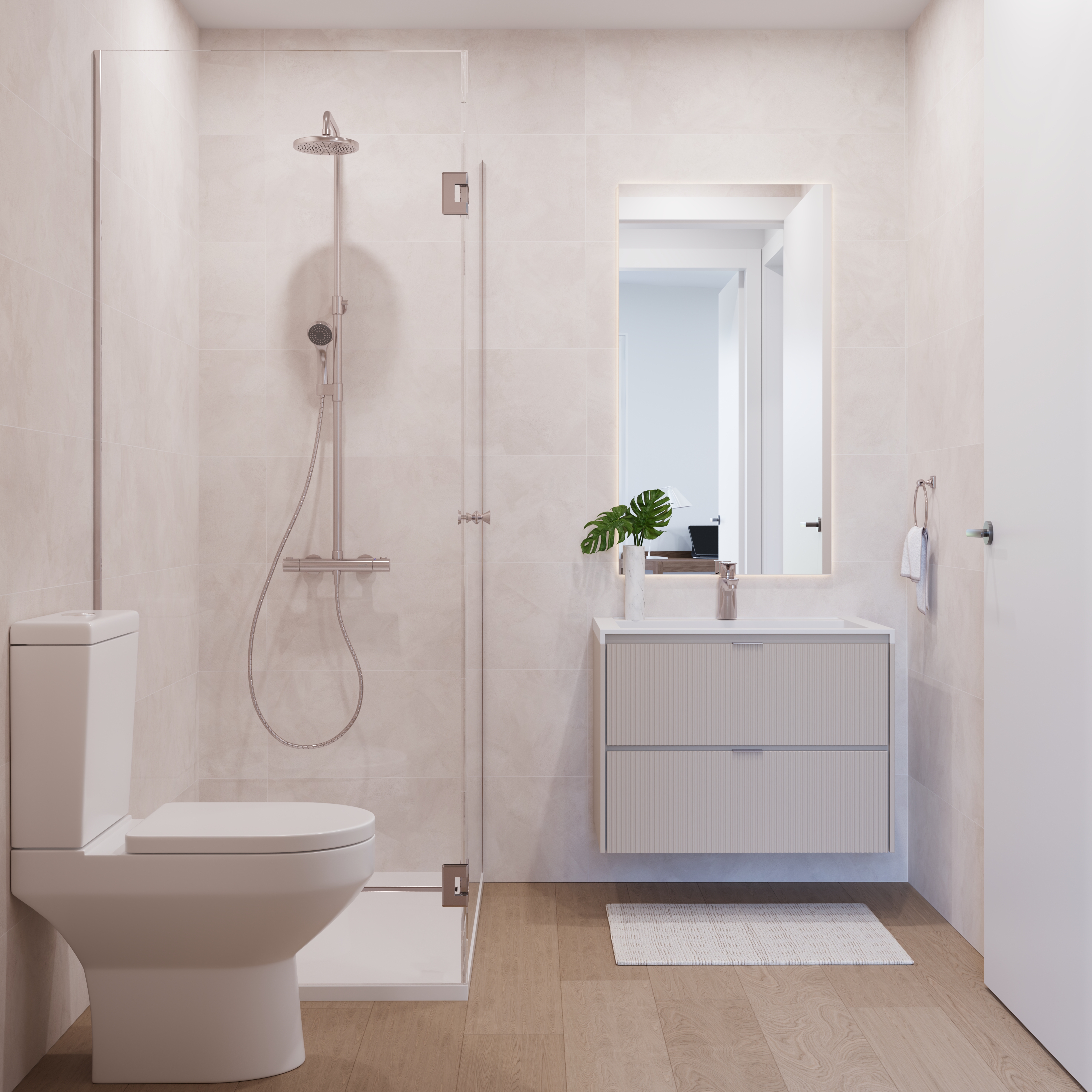 Baño en tonos piedra
